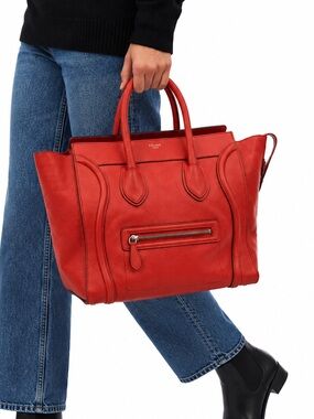 Celine Mini Luggage Tote Vermillion Drummed Calfskin Leather Bag